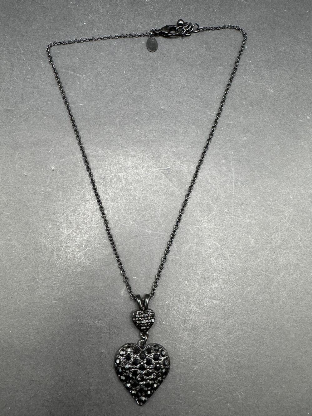 Vtg Express Gun Metal Dark Silver Necklace With Faux Marcasite Heart Pendant